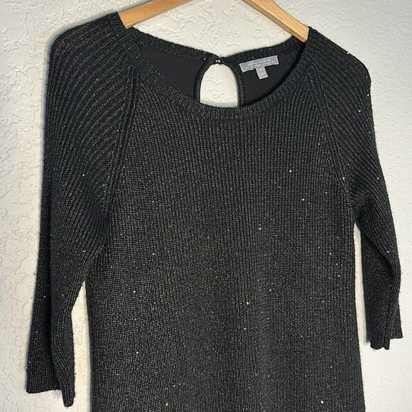 Neiman Marcus 100% Cashmere Black Sparkle Sweater Silk Liner Peekaboo 3/4 Sleeve - Picture 2 of 10